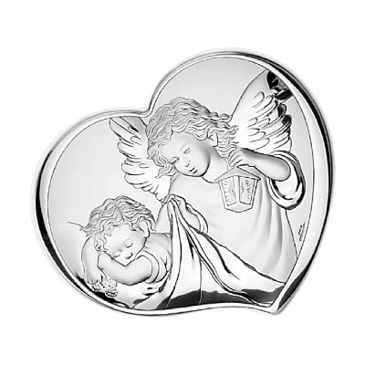 Engelchen über Kind Silberbild zur Taufe; Hersteller: Valenti & Co