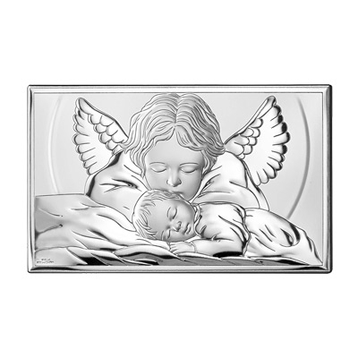 Engelchen über Kind Silberbild zur Taufe; Hersteller: Valenti & Co