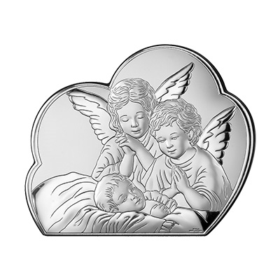 Engelchen über Kind Silberbild zur Taufe; Hersteller: Valenti & Co
