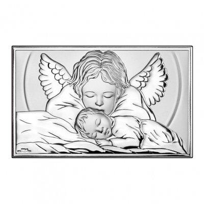 Engelchen über Kind Silberbild zur Taufe; Hersteller: Beltrami