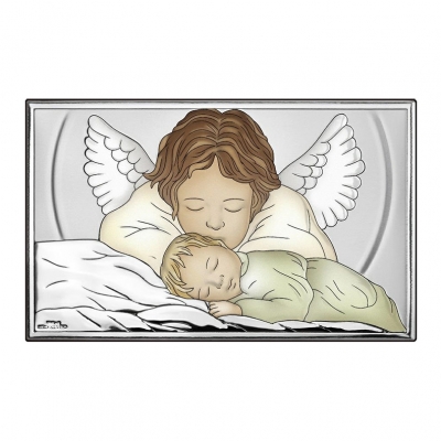 Engelchen über Kind Silberbild zur Taufe; Hersteller: Beltrami