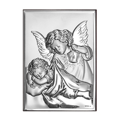 Silberbild Engel über Kind zur Taufe und Erstkommunion; Hersteller: Beltrami