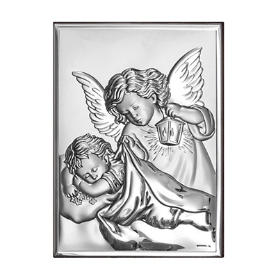 Silberbild Engel über Kind zur Taufe und Erstkommunion Beltrami